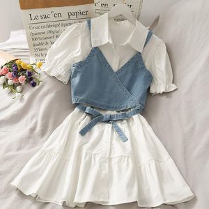 Suits Korean Sweet Women Dress Suits Polo Collar Puff Sleeve Button up Blouse Dress + Bow Tie Denim Suspender Shirt 2pcs Dress Set New