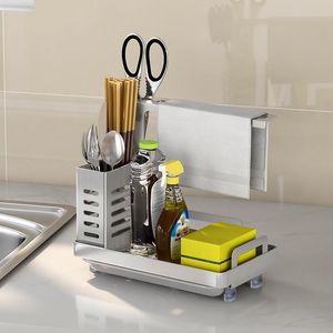 Organisation Rostfritt stål Kitchen Sink Caddy Organizer Punchfree Sponger Soap Brush Holder With Drain Pan Premium Kök Torkställ