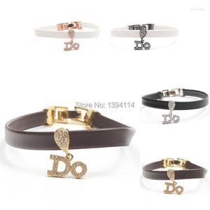 Charm Bracelets Micro Pave Clear CZ DO Bracelet Stringed Leather Cord Fold Over Clasp Approx 6-8 Inches