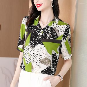 Women's Blouses Summer Women's Shirt Casual Polka Dot Satin Silk Ladies Fashion Short Sleeve Work Tops