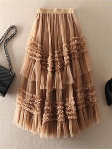 Capris Fashion Sweet Solid Color Spring Autumn Petticoat Tulle Pleated Skirt Memale 2022新しい弾性ハイウエストメッシュケーキスカート女性