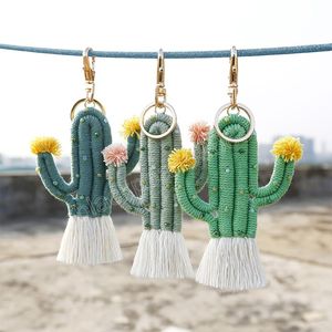 Handmade Weaving Green Plant Cactus Keychain Bohemia Bag Pendant Key Ring Tassel Cotton Rope Car Hanging Key Holder Jewelry