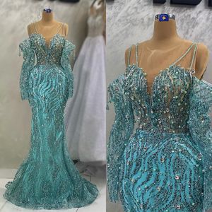 Gorgeous Mermaid Prom Dresses Sweetheart Off the Shoulder Shining Sequins Beads on Tulle Tassels Court Gown Custom Made Plus Size Party Dress Vestido De Noite