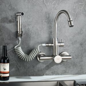 Kitchen Faucets Wall Mounted Brushed Stainless Steel Faucet With Bidet Spray Shower Head Rotatable Cold And Water Multi-function-2B