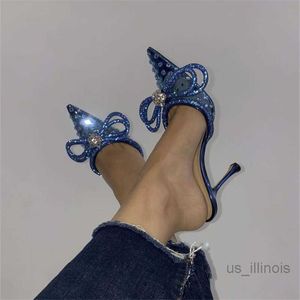 Klänningskor PVC Rhinestone Women's Sandals 2022 Thin Heels Point Toe Butterfly-Knot Sexiga kvinnor tofflor Slingback Sandale A TN Femme