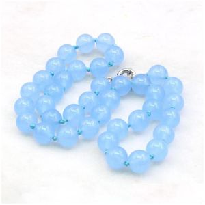 Zincirler 10mm Yuvarlak Açık Mavi Jades Chalcedony Kolye Kristal Doğal Taş Kadın Kızlar El Yapımı Neckwear Diy Takı Maki Dhgarden Dhphp