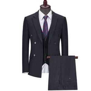 Men's Suits Blazers 3 Pcs Set Blazers Jacket Pants / Fashion Men Casual Business Stripe Plaid Groom Wedding Double Breasted Dress Suit Trousers Vest 230503