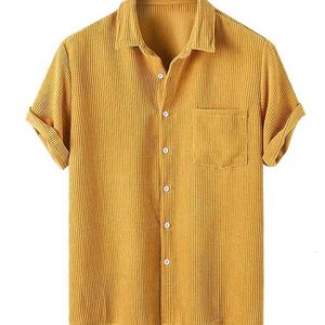 Men's Casual Shirts Men's Shirt Corduroy Short Sleeve Blouses Casual Solid Streetwear Shirts Summer Ribbed Plain Button Y2K Tops Z4982896 230503