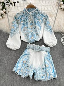 Sets Deat Women Vintage Print Lady Blusen hohe Taillengürtelshorts Neue zweiteilige Set Modetemperament Herbst Spring 2022 11d9871