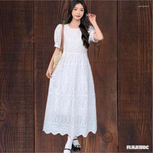 Festklänningar vita spetsar long s kvinna korea japan stil design kläder sommar ihålig ut en linje vintage bomullsklänning