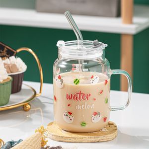Water Bottles Glass Cup With Lid and Straw Tea Cup 420ML Milk Juice Coffee Water Mugs Heat Resistant Drinkware 230503
