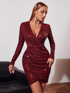 Casual Dresses Idress Real Po Women Clothing Luxury Designer Sexig långärmad Claret Sequin Wedding Guest Birthday Party kväll