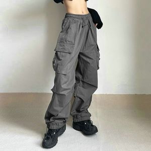 Women s Short Cargo Pants High Waist Vintage Grey Loose Streetwear Baggy Jeans Retro Sporty Pockets Wide Leg Y2K Denim Trousers Overalls 230503