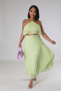 Two Piece Dress Summer Ruched 2 Piece Set Women Sexy Solid See Through Two Piece Outfit Halter Top Maxi Skirt Suit Women Pleated Beach Wear 230503