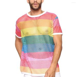 T-shirt da uomo Estate T-shirt O-collo da uomo Sexy Scava fuori T-shirt a maniche corte Top Abbigliamento sportivo Vedi attraverso Patchwork Colore Abbigliamento maschile