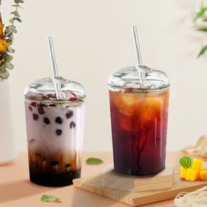 Water Bottles 400450ml Glass Cup With Lid and Straw Transparent Tea Coffee Cup Juice Glasses Beer Can Milk Mocha Cups Breakfast Mug Drinkware 230503