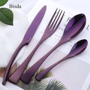 Zestawy zastawy obiadowej 4PCS Purple Cutlery Zestaw stali ze stali nierdzewnej Niebieski zestaw naczynia stołowego Knife Fork Fork Black Stale zastawy Zestaw Drop 230503