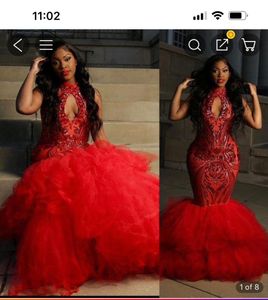 Eelegant Red Lace Mermaid Plus Size Formal Prom Dresses 2023 Sexig Halter Neck Chaple Train Evening Endast klänningar för afrikanska kvinnor