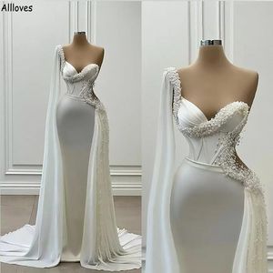 Pearls Beading Ivory Mermaid Wedding Dresses With Peplum Train Elegant One Shoulder Robes de Mariee Long Train Second Reception Party Dress For Bride Simple CL2225