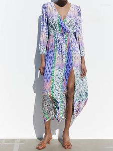 Sukienki swobodne Kumsvag 2023 Kobiety letni sukienka moda patchwork druk w dekolcie w dekolcie Wpad Mid-Calf Poplin Elegancki materiał
