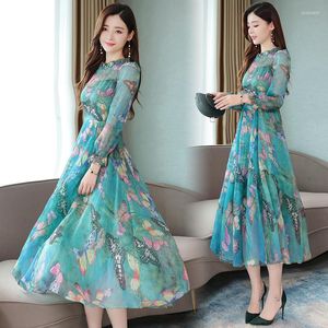 Vestidos casuais Retro Floral Chiffon Dress Women Women Long Korean Elegante Sleeve Big Swing Party