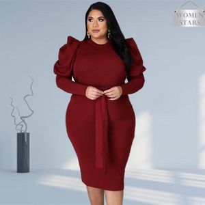 T-shirt sukienki plus size dla kobiet 2021 Puff Sleeve Turtleeck BodyCon Elegancka biurowa sukienka damska z szarfy Hurtowa kroplowanie