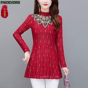 T-Shirt L5XL 2021 Fall Winter Women Elegant Office Lady Vintage Loose Peplum Tops Patchwork Lace Sheer Long Tunic Basic Shirts Blouses