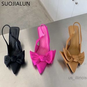 Dress Shoes SUOJIALUN Summer Brand Women Slingback Sandals Shoes Fashion Bow-knot Pointed Toe Slip On Ladies Elegant Dress Pumps Shoes