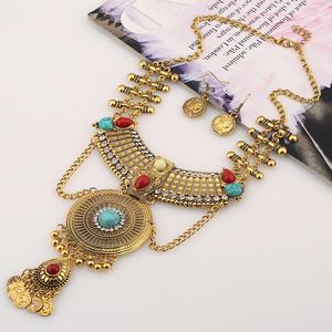 Necklace Earrings Set Boho Retro Golden For Women Luxury Turquoises Long Pendant Bollywood 2023 Jewelry