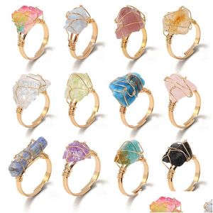 Anelli a grappolo Wire Wrap Healing Natural Stone Druzy Crystal Oro regolabile Ametista Lapis quarzo rosa Anello da donna Party Jewe Dheq4