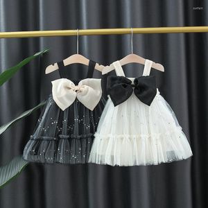 Flickaklänningar sommar baby flickor camisole paljetter svart vit fest prinsessa kväll barn söta båge småbarn kläder 0 till 3 år