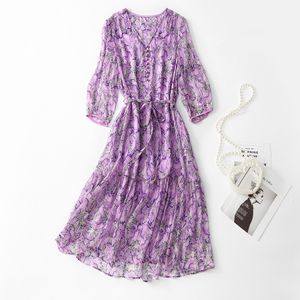 2023 Summer Purple Floral Print Belted Silk Dress 3/4 Sleeve V-Neck Buttons Single-Breasted Casual Dresses C3A255050