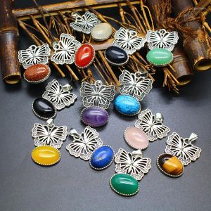 Pendant Necklaces 10pcs Oval Natural Crystal Semi-precious Stone Butterfly Charms For Jewelry Making ACC