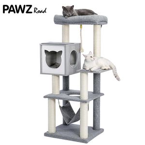 Scratchers Fast Delivery Pet Cat Tree House Tower Condo med hängmatta Solid Wood Cat Scratch Cat Hole Scratcher Post Post Post för Cats Kitten