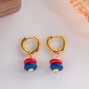 Orecchini a bottone Ciondolo con perline piatte blu rosso vintage in acciaio inossidabile placcato oro PVD 18 carati gioielli alla moda per le donne