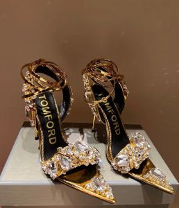 Eleganti sandali metallici estivi Scarpe con cinturino alla caviglia impreziosito da cristalli Tacchi a spillo con borchie in pietra Tacchi a spillo per donna Décolleté con punta a punta da sera da sera EU35-42