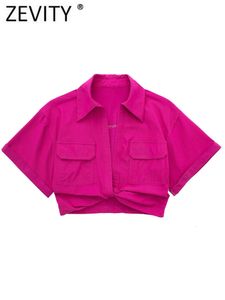 Женские блузкие рубашки Zevity Women Safari Style Pockets Patch Patch завязанный льняной блузой для блузки Lady Chic Kimono укороченная рубашка Blusas Tops LS1376 230503