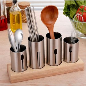Organization 4 Cup Flatware Holder Stainless Steel Cutlery Basket With Wooden Base Stand For Fork Knife Spoon Chopsticks Kitchen Storage