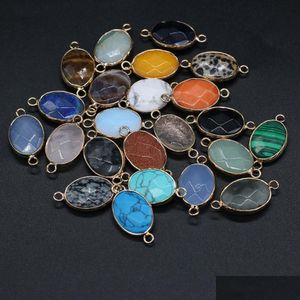 Charms Wholesale Flat Oval Conector de Pedra Naturais Rose Quartz Tiger Eyes pendente DIY para brincos de colar druz