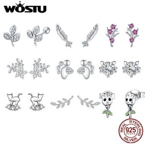 スタッドイヤリングWostu Real 925 Sterling Silver Tiny Leaves clear Cz for women girl trendy earringジュエリーギフトbke431