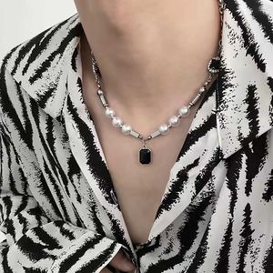 Chokers CANPEL Fashion Hiphop Black Rhinestones Pendant Pearl Necklace Men Steel Necklace Mens Jewellery Man Necklac Z03503