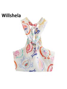 Camis Willshela Fashion Women Printed Crop Top Elastic Bust Caruical Chic Lady Halter Top SummerY2K Tops Woman Camis