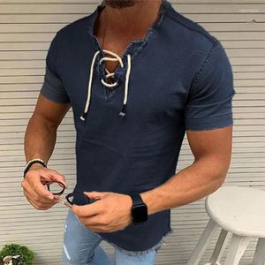 Men's T Shirts 2023 Spring Summer Fashion Men Shirt Short Sleeve Drawstring Tie-up Ripped V Neck Tees Mens Clothes Leisure Solid Color Tops