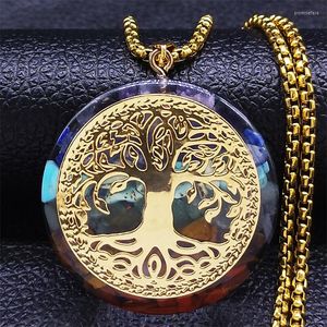 Pendant Necklaces Natural Stone Acrylic Stainless Steel Long Chain Necklace Gold Color Tree Of Life Round Jewelry Bijoux Acier N255S04