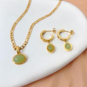 Necklace Earrings Set RHYSONG Vintage Jade Green Aventurine Stone Dangle Acero Inoxidable Joyeria Golden Jewelry For Women Gift