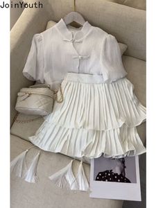 Two Piece Dress Summer Skirts Outfits Ropa Mujer Vintage Two Piece Set for Women Stand Neck Short Sleeve Shirt High Wist Pleated Skirt Suit 230503
