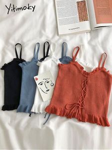 T-Shirt Yitimoky Tank Camis Crop Tops for Women Drawstring Sleeveless Ruffles Knitted 2022 Summer Sexy Top Sweet Fashion Casual Clothing