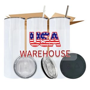 USA CA Warehouse 20 Unzen Blanks Weiß Sublimationstassen Wasserflasche Trinkgefäße Edelstahlbecher mit Plastikstrohhalm und Deckel