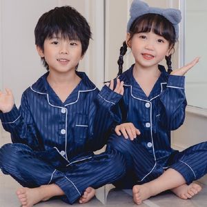 Pajamas Striped Silk Pajama Set For Kids Homewear Girls Long Sleeved Night Clothes Satin Unisex Boys Casual Sleep Loungewear 3-13Yrs 230503