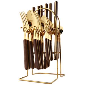 Dinnerware Sets 16/24Pcs Brown Gold Wooden Handle Stainless Steel Dinnerware Knife Fork Spoon Flatware Tableware With High-End Cutlery Rack Set 230503